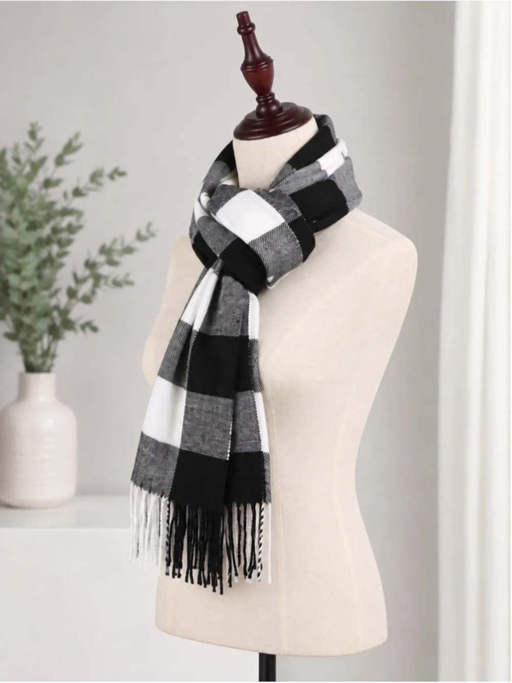New Black & White Buffalo Plaid Fringe Scarf – Unisex – 72” x 12”